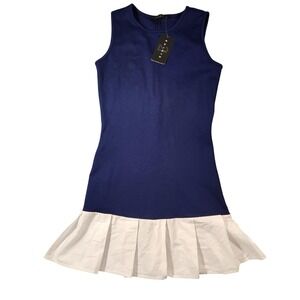 2 Saints Dress Womens Small Blue White Sleeveless Pleated Hem Knit Contrast
